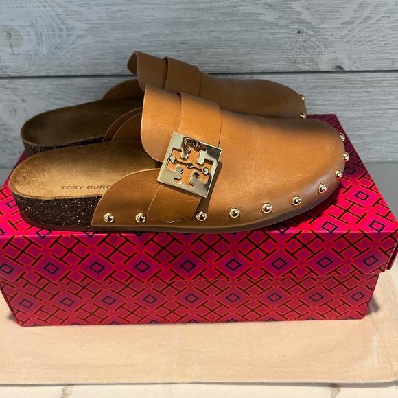 Tory Burch Brown Leather Studded Clogs - Picture 1 of 6